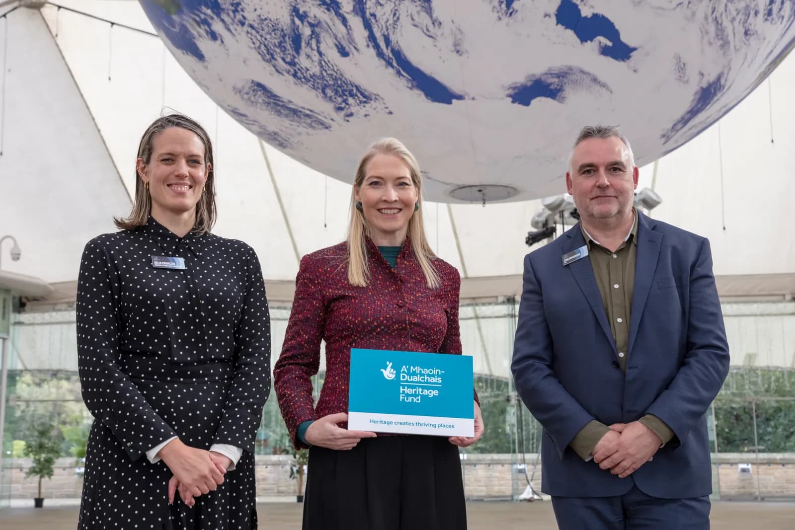 (L-R) Helen Chomczuk (Dynamic Earth), Caroline Clark (National Lottery Heritage Fund) and Gwilym Gibbons (Dynamic Earth)