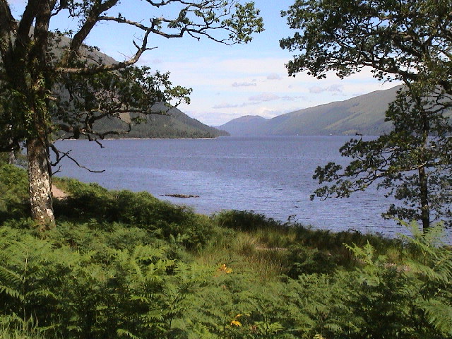 The serene waters of Loch Lochy, framed by lush greenery under a clearish scottish sky.

